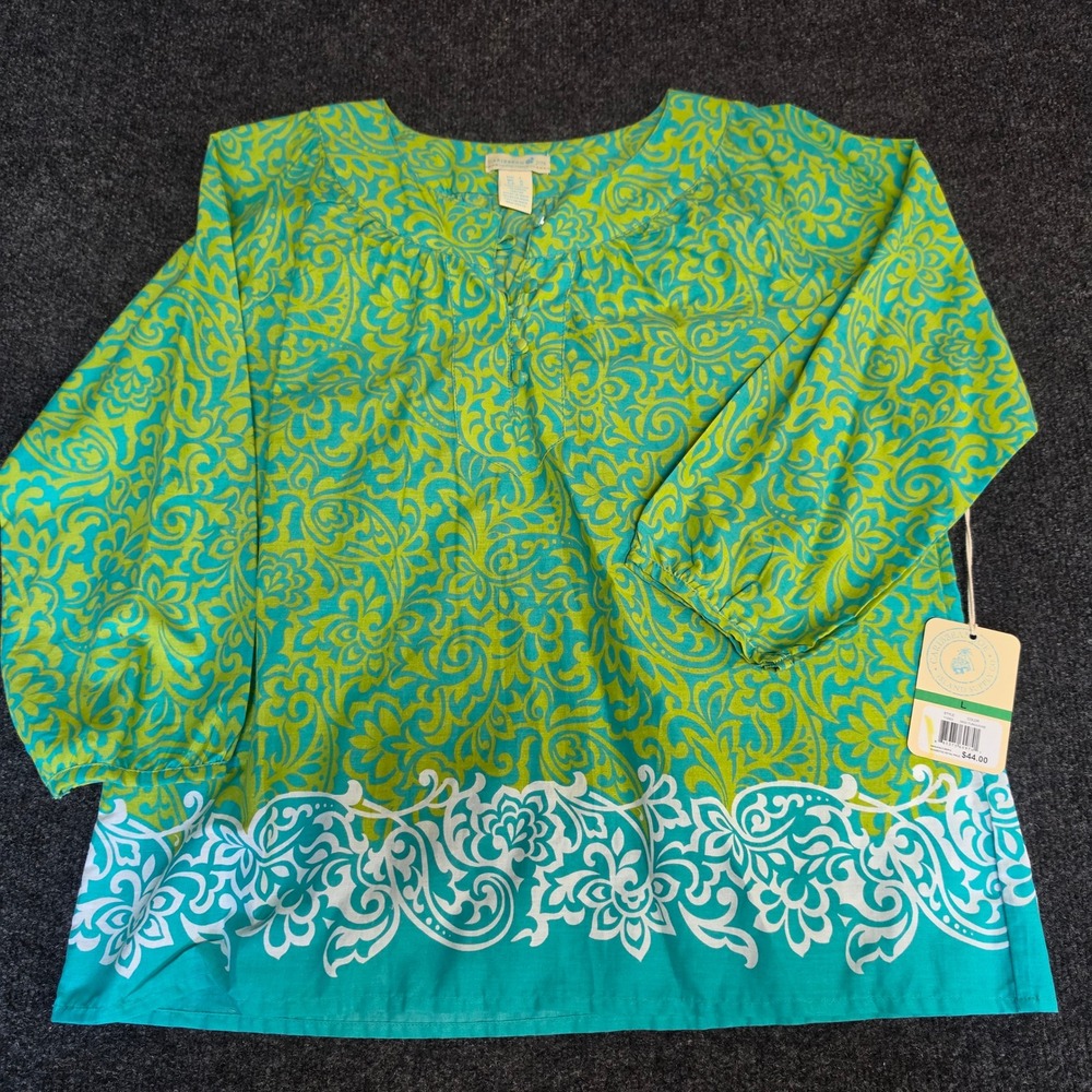 Caribbean Joe Womens Cotton Blouse Mod Turquoise Paisley L 112503